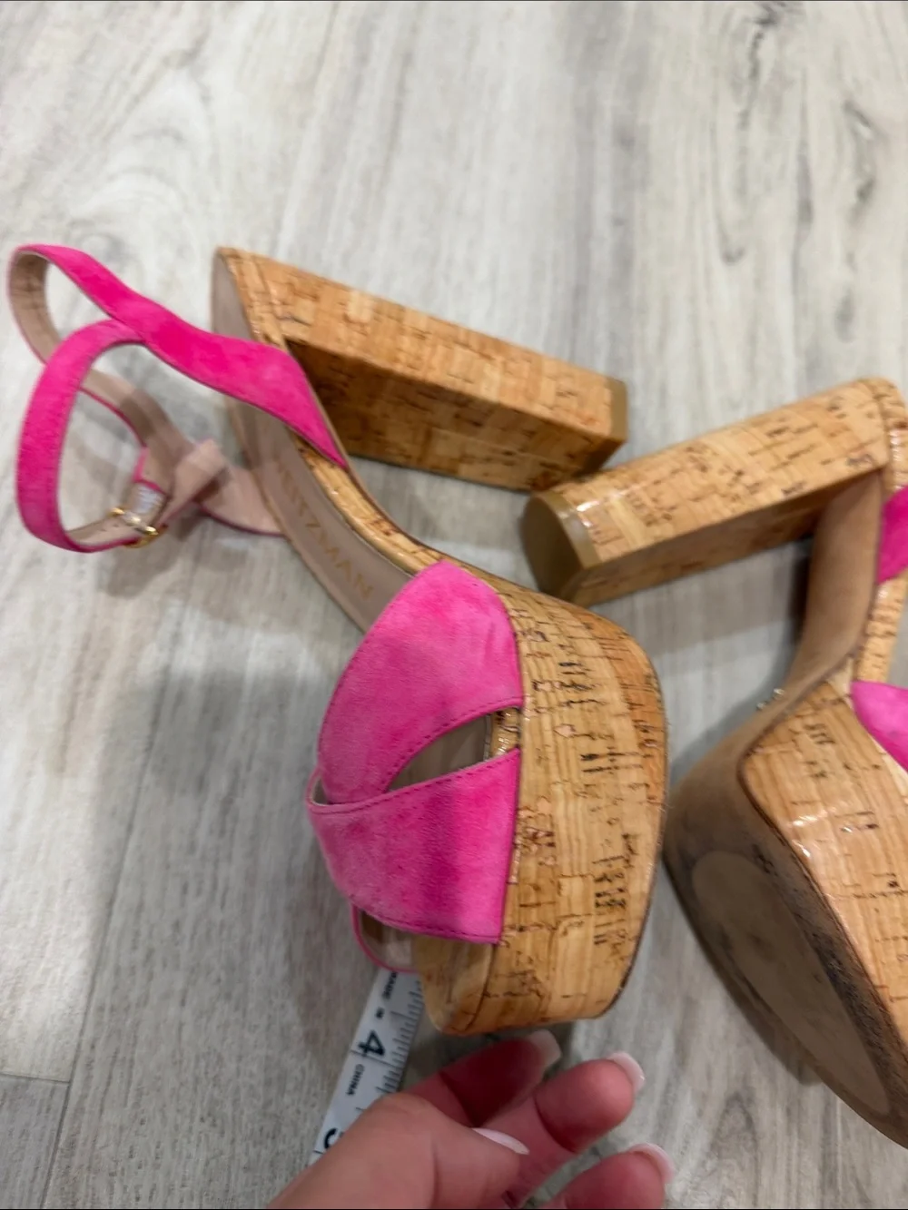 Stuart Weitzman Fuchsia Suede Cork Platform Sandals size 7 faded